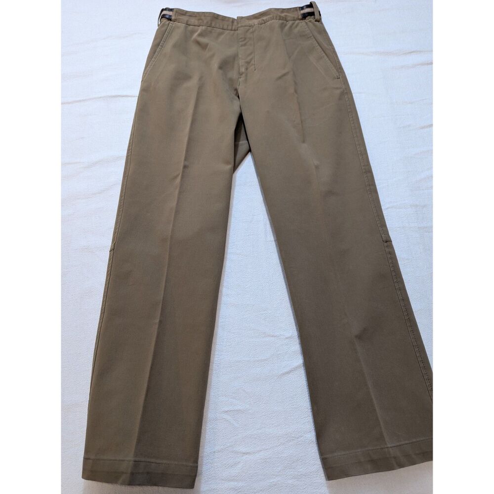 Prada Milano Khaki Cropped Trousers Leather Side Tabs IT 44 (sz 8) Made in Italy